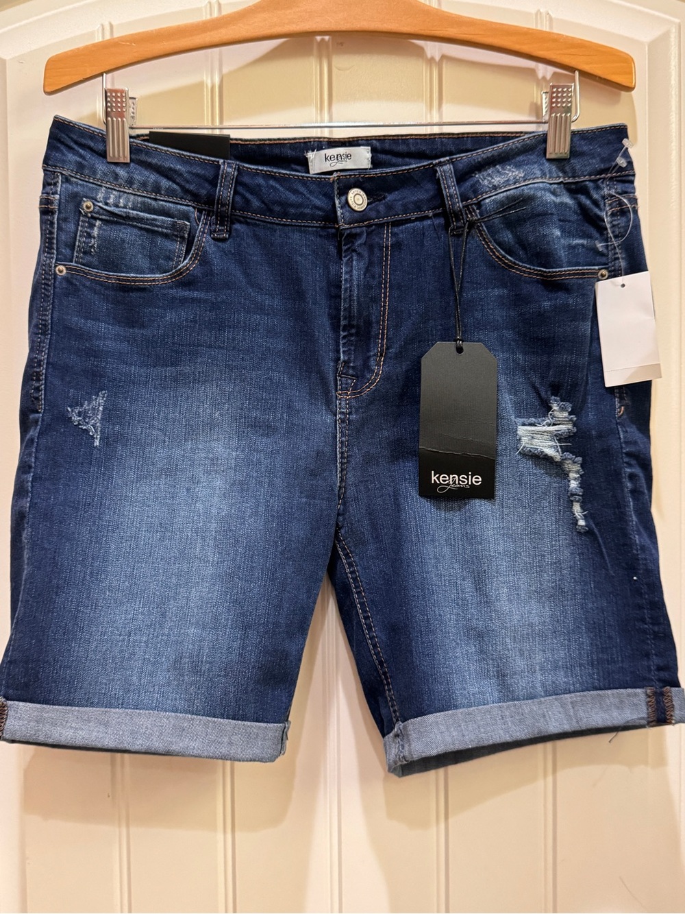 Kensie Indigo Distressed Roll-Cuff Denim Bermudas